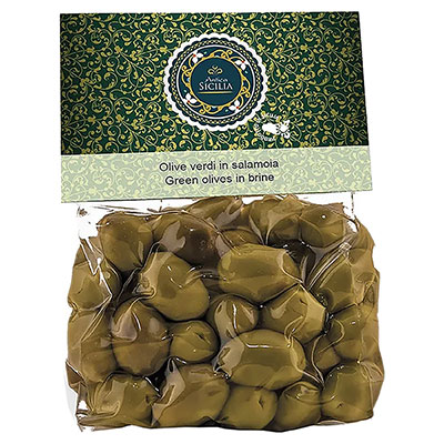 Antica Sicilia, Olive verdi fantasia  in busta con olio EVO