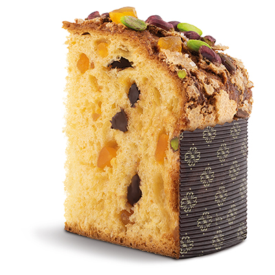 Pisti, Panettone Incarto con pistacchi, pesca e gocce di cioccolato extra fondente 70%