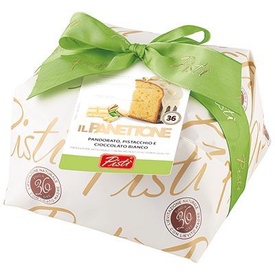 Pisti, Panettone Incarto pandorato ricoperto di cioccolato bianco e pistacchi