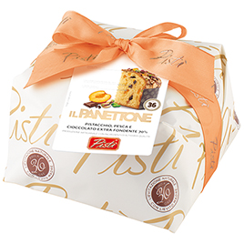 Pisti, Panettone Incarto con pistacchi, pesca e gocce di cioccolato extra fondente 70%
